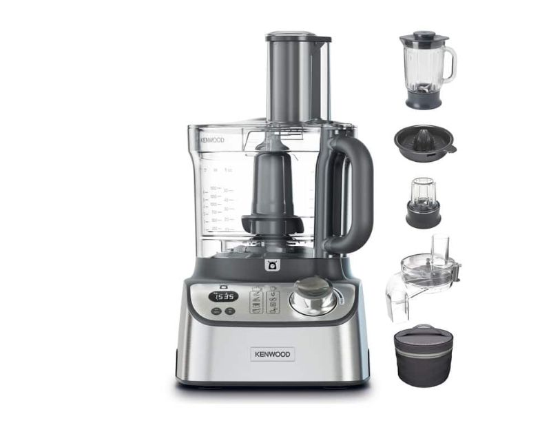 Kenwood MultiPro Express Weigh+ 3L Food Processor in silver, featuring integrated weighing, glass blender, and Express Serve technology.