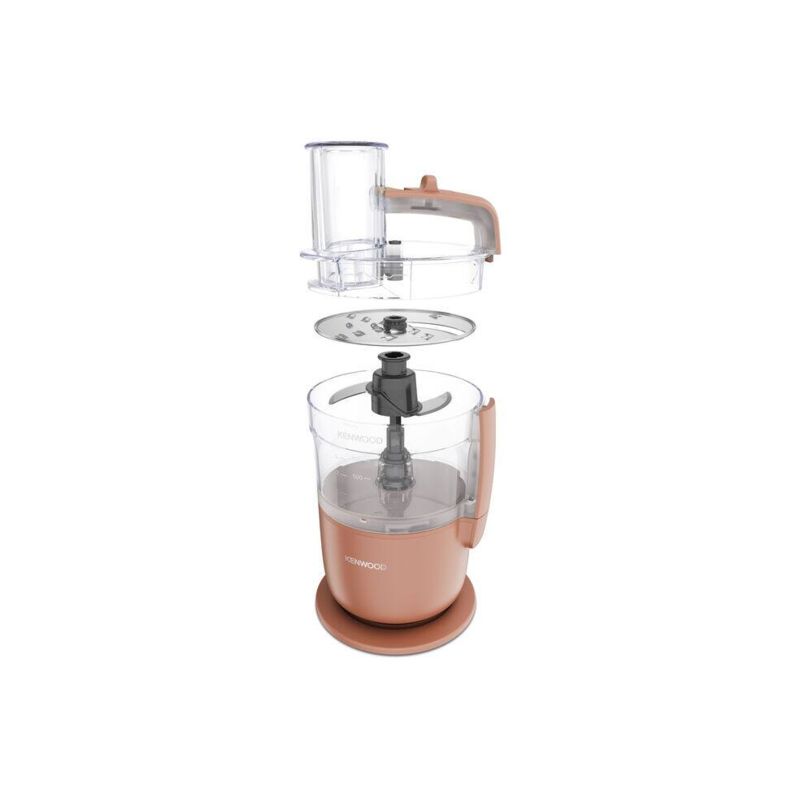 Compact Kenwood Multipro Go food processor in Red Clay, featuring a 1.3L bowl, stainless steel blades, and versatile slicing options.