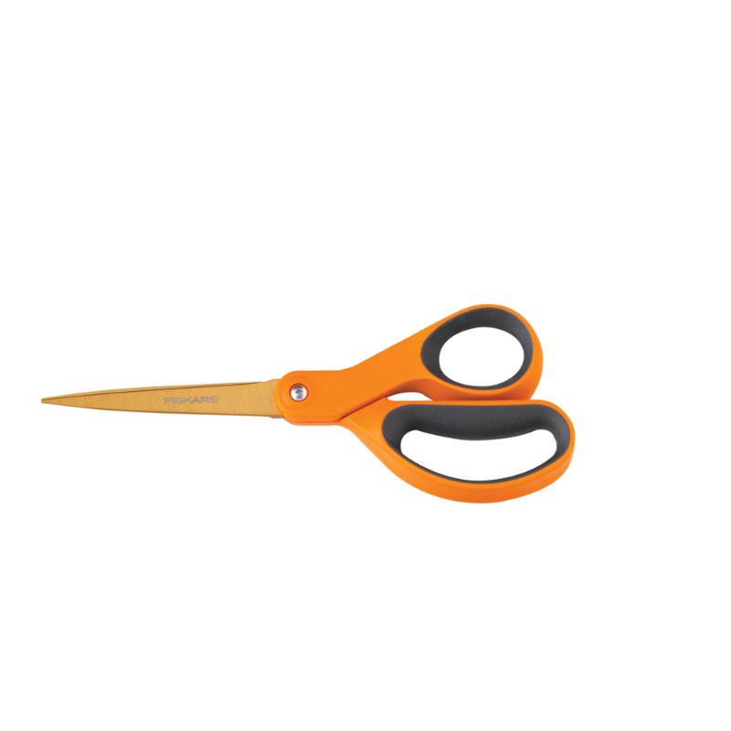 Fiskars 8-inch titanium scissors with ergonomic grips, perfect for precise cutting of paper, fabric, and cardboard.