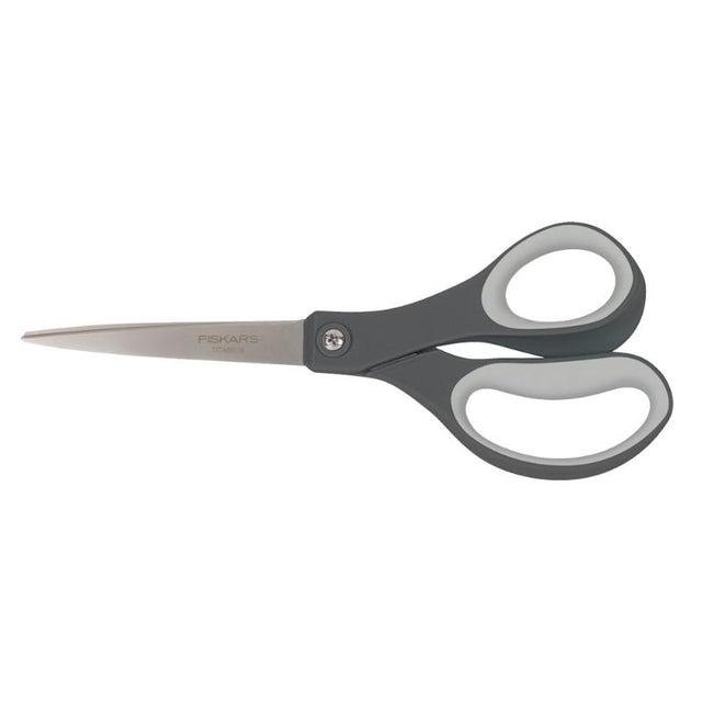 Fiskars 8 inch scissors with titanium blades, ergonomic grip for comfort, ideal for versatile cutting tasks at home or office.