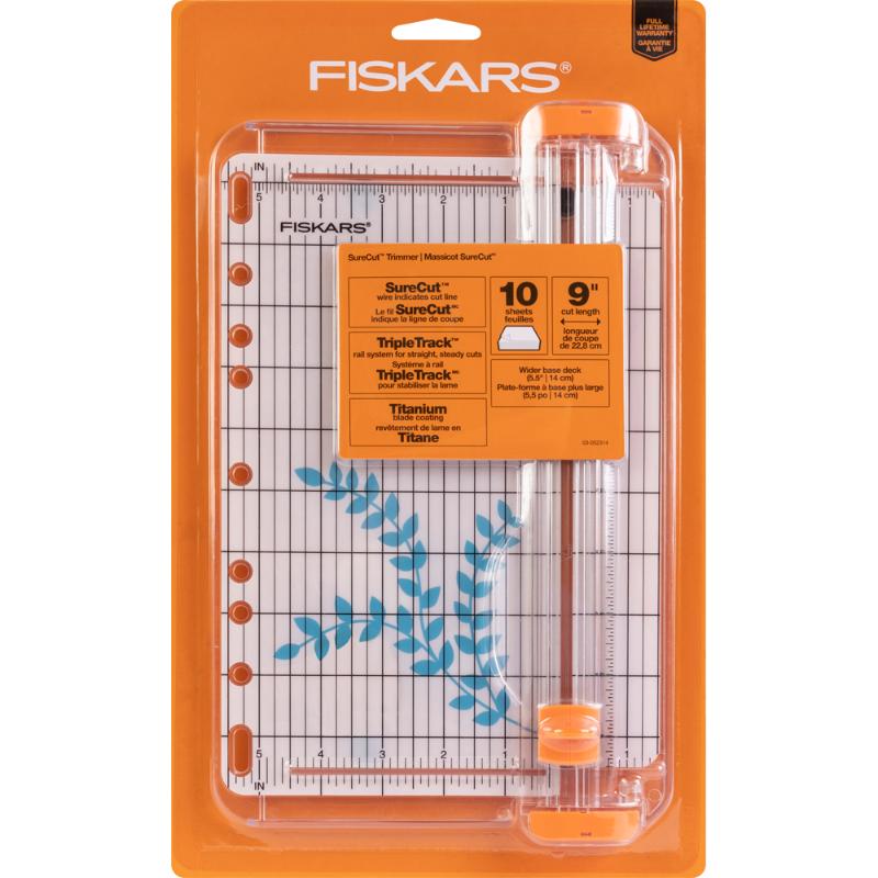 Fiskars 9-inch trimmer for precise card making, featuring ergonomic design, wire cut-line, and lifetime warranty.