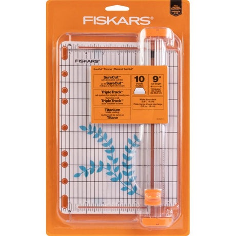 Fiskars 9-inch trimmer for precise card making, featuring ergonomic design, wire cut-line, and lifetime warranty.