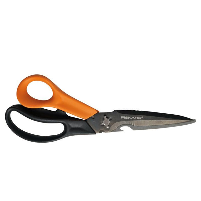 Fiskars Scissors Cuts + More: versatile 9" scissors with titanium-coated blades, knife feature, tape cutter, and sharpener included.