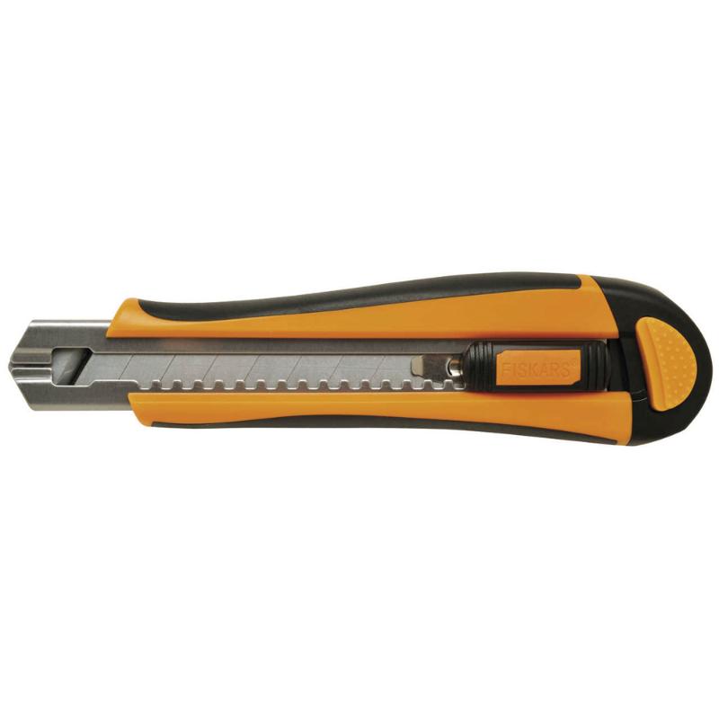 Fiskars 18mm Auto Re-Load knife with ergonomic grip, auto-reload chamber, and safety lock, ideal for precise cutting tasks.