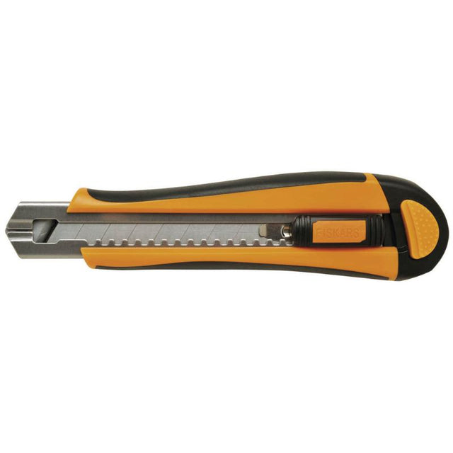 Fiskars 18mm Auto Re-Load knife with ergonomic grip, auto-reload chamber, and safety lock, ideal for precise cutting tasks.