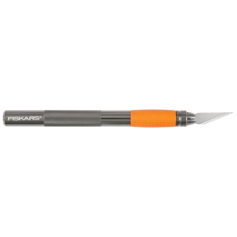 Heavy-duty Fiskars craft knife with ergonomic handle for precision cutting of various materials like foam, wood, and cardboard.