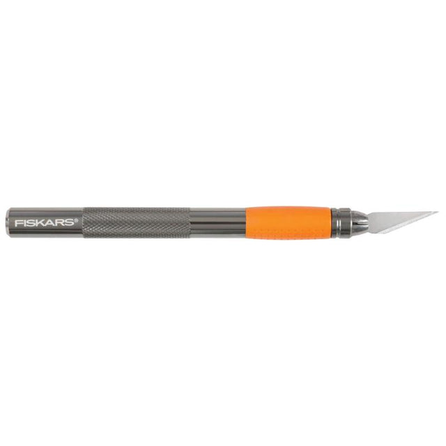 Heavy-duty Fiskars craft knife with ergonomic handle for precision cutting of various materials like foam, wood, and cardboard.