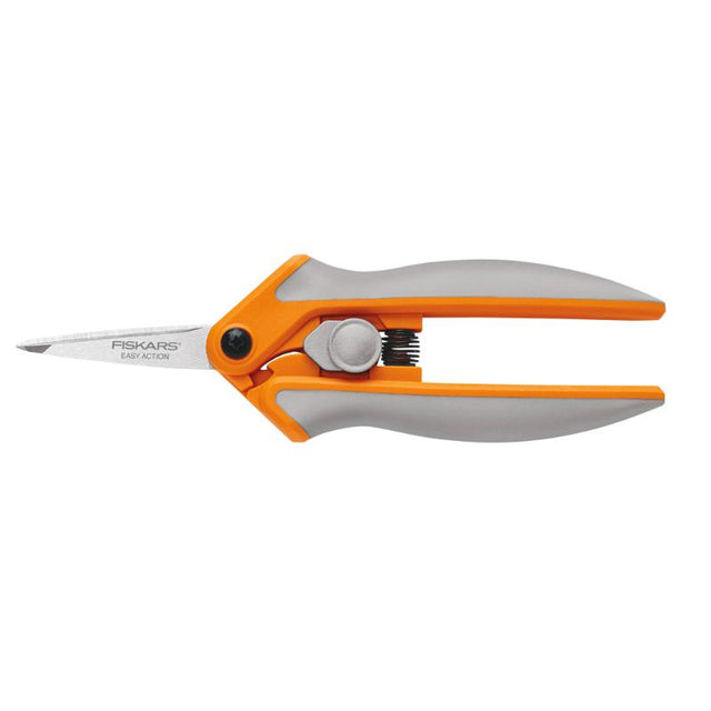 Fiskars Soft Touch Micro Tip Scissors with stainless steel blades, ergonomic handle, and spring-action for precise cuts.