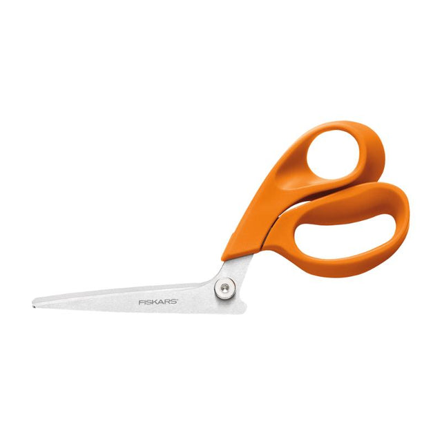 Fiskars 8 inch Razor Edge shears with stainless steel blades for precise, comfortable cutting of fabric and paper.