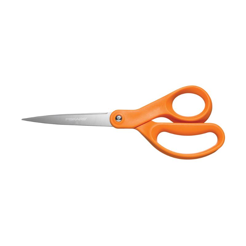 Fiskars 8" scissors with orange ergonomic handle, stainless steel blade, ideal for crafts and everyday cutting tasks.