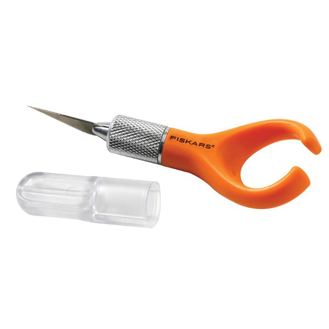 Fiskars Fingertip Control Craft Knife with finger loop for precision, includes #11 blade and safety cap for safe storage.