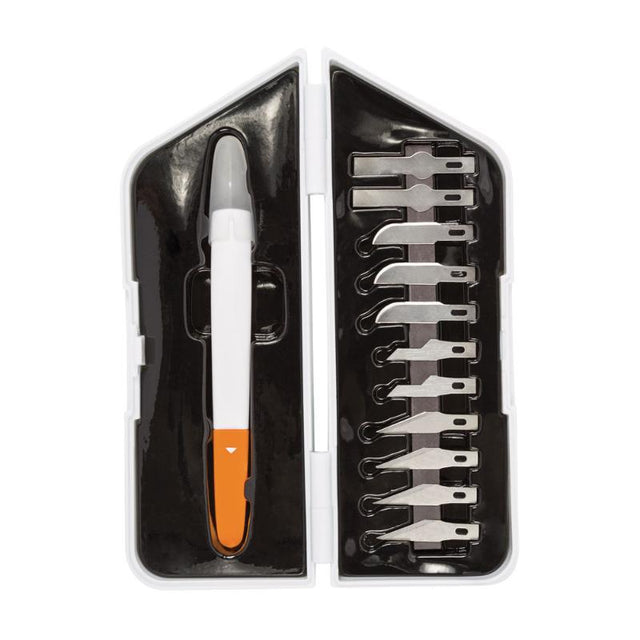 Fiskars Precision Cutting & Carving Set with ergonomic handle, easy blade change, and 12 durable blades for versatile crafting.