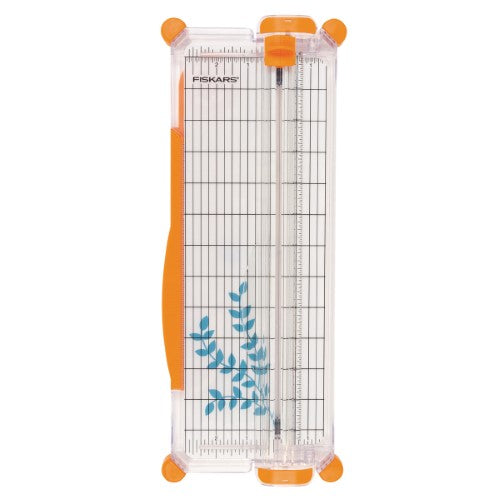 Fiskars 12-inch scrapbooking trimmer with SureCut wire, TripleTrack system, and swing-out arm for precise, straight cuts.