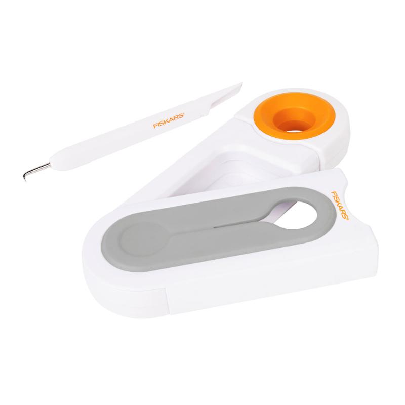 Fiskars All-In-One Vinyl Weeding Tool with built-in cutter and receptacle for precise cutting and mess-free weeding.