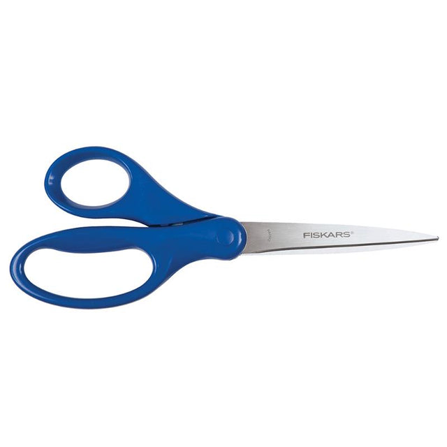 Fiskars 7-inch student scissors in assorted colors, featuring stainless-steel blades and ergonomic design for comfort and precision.