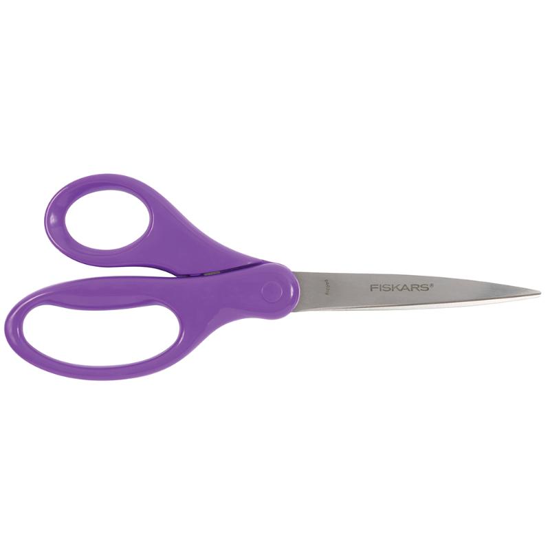 Fiskars 7-inch student scissors in assorted colors, designed for older children with comfortable ergonomic loops and sharp stainless-steel blades.