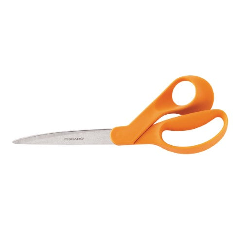 Fiskars 9-inch dressmaker scissors with stainless-steel blades, ergonomic handle, and bent design for precise fabric cutting.