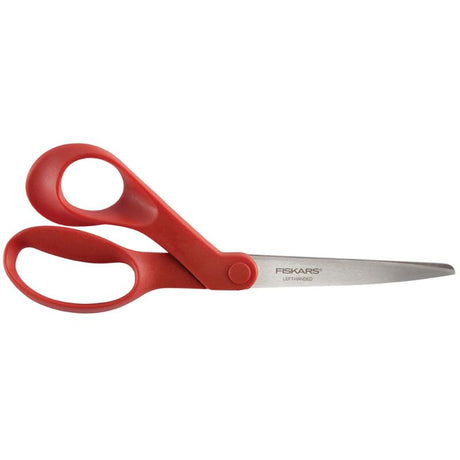 Fiskars 8" left-handed scissors with ergonomic design, sharp stainless-steel blades for precision cutting on various materials.