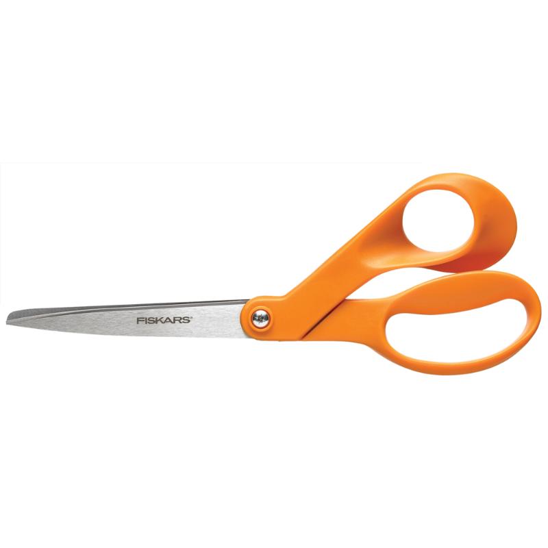 Fiskars 8-inch offset scissors with orange handles, perfect for precision cutting of paper, fabric, and cardstock.