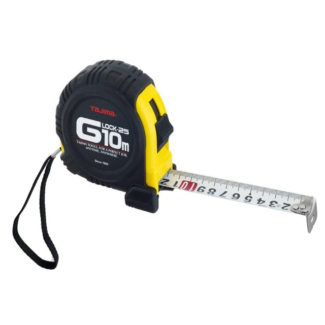 Tajima G Lock Tape 25mm x 10m: durable, shock-resistant tape measure with easy-to-read markings and one-handed locking mechanism.