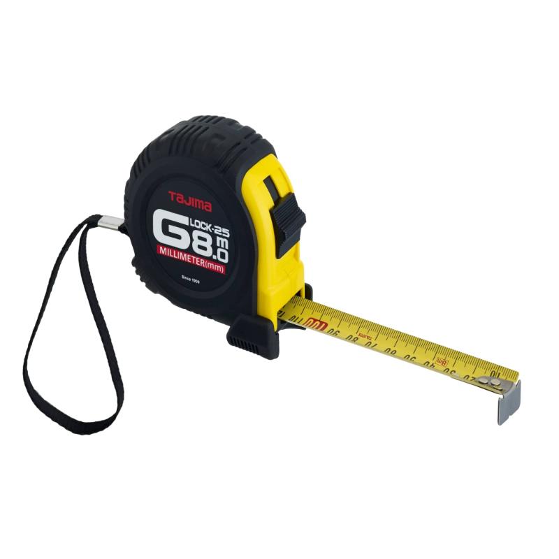 Tajima G-Lock Measuring Tape 25mmx8m with G-Lock mechanism, shock-resistant design, and high-visibility blade for precise measurements.