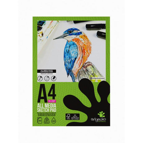 Artgecko Pro All Media Sketchpad A4 featuring 40 sheets of 150gsm white paper, perfect for various artistic mediums.