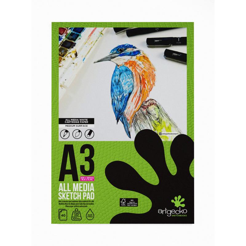 Artgecko Pro A3 sketchpad with 40 sheets of 150gsm white paper, perfect for all media and eco-friendly art creation.