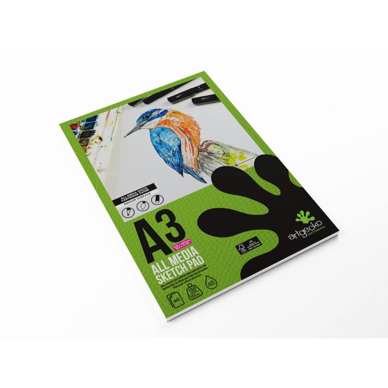 Artgecko Pro A3 sketchpad with 40 sheets of 150gsm acid-free paper, ideal for all media, featuring a durable soft-touch cover.