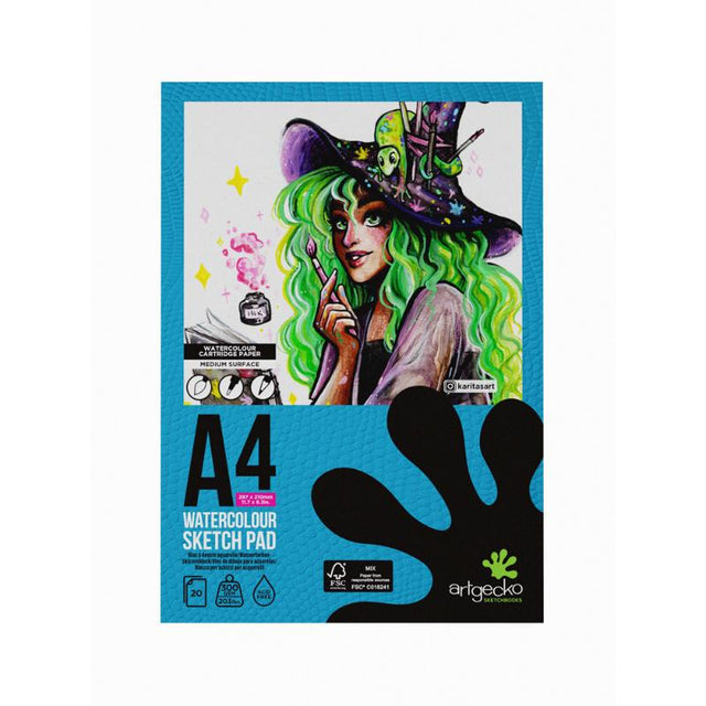 Artgecko Pro A4 Watercolour Sketchpad with 20 sheets of 300gsm acid-free paper, perfect for vibrant watercolour art.