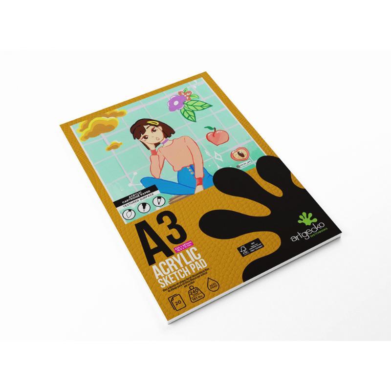 Artgecko Pro A3 acrylic sketchpad with 20 sheets of 240gsm acid-free white paper, ideal for vibrant artwork and easy page removal.