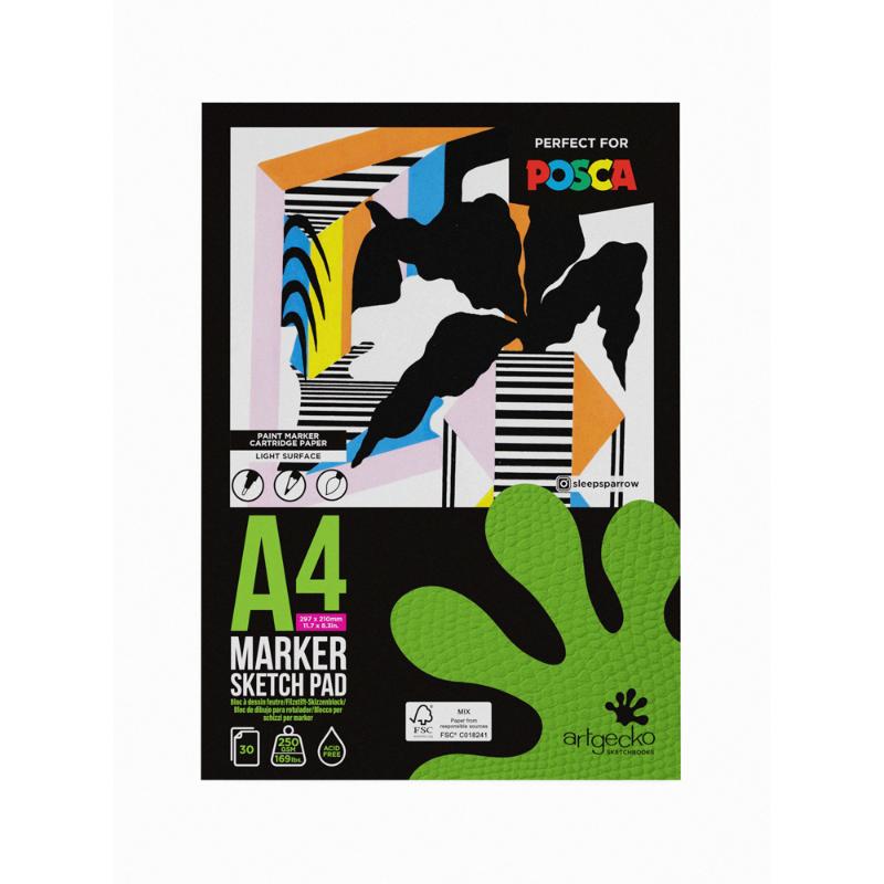 Artgecko Pro Marker Sketchpad A4 featuring 30 sheets of 250gsm acid-free white paper, ideal for vibrant artworks and sketches.