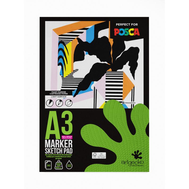 Artgecko Pro Marker Sketchpad A3 featuring 30 sheets of 250gsm acid-free paper, ideal for various artistic mediums.