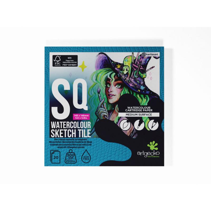 ArtGecko Watercolour Sketch Tile pad featuring 20 sheets of 300gsm white textured paper, ideal for wet media and easy removal.