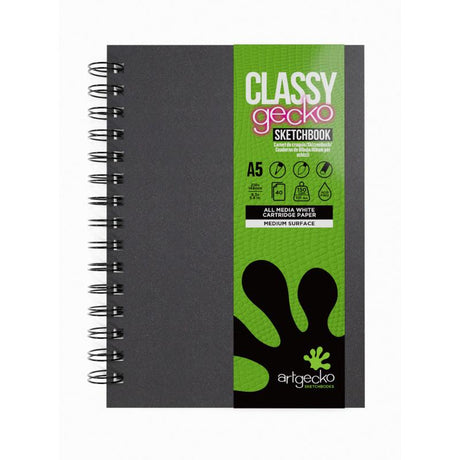 Artgecko Classy A5 sketchbook with 80 pages of 150gsm white paper, twin wire binding, and durable black hardback cover.