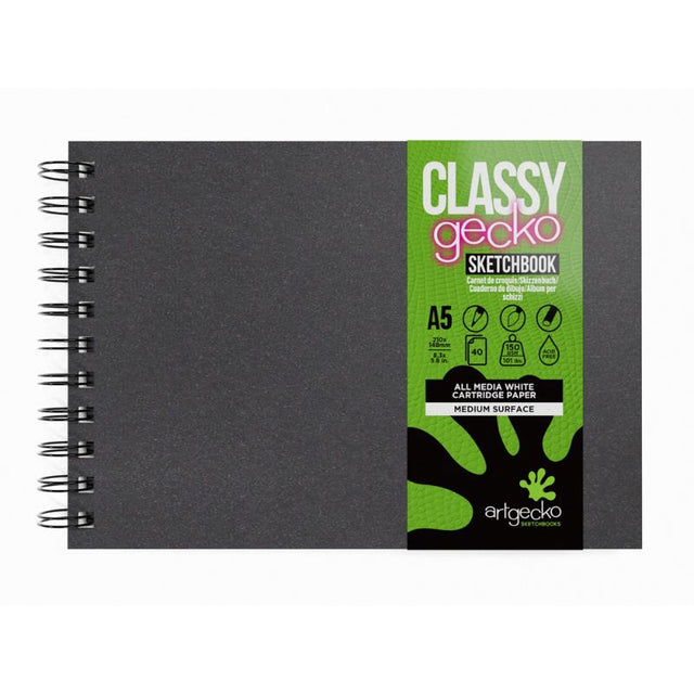 Artgecko Classy Sketchbook A5 Landscape with 80 pages of 150gsm acid-free paper, ideal for various art mediums.