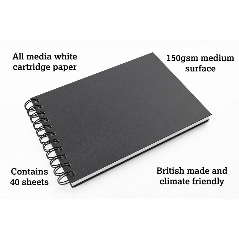 Artgecko Classy A5 Landscape Sketchbook with 80 pages of 150gsm acid-free paper, featuring a durable black hardback cover.