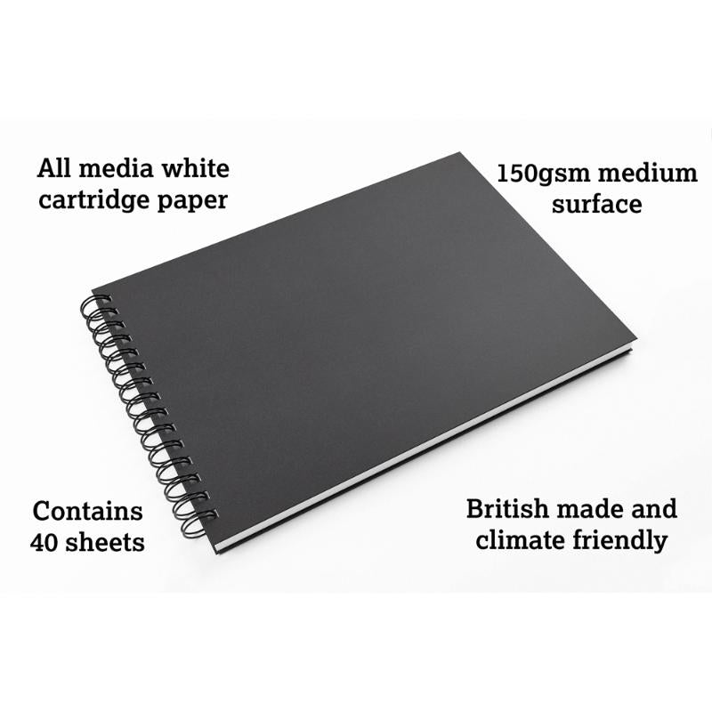 Artgecko Classy Sketchbook A4 Landscape with 80 pages of 150gsm acid-free paper, featuring durable black covers and twin wire binding.