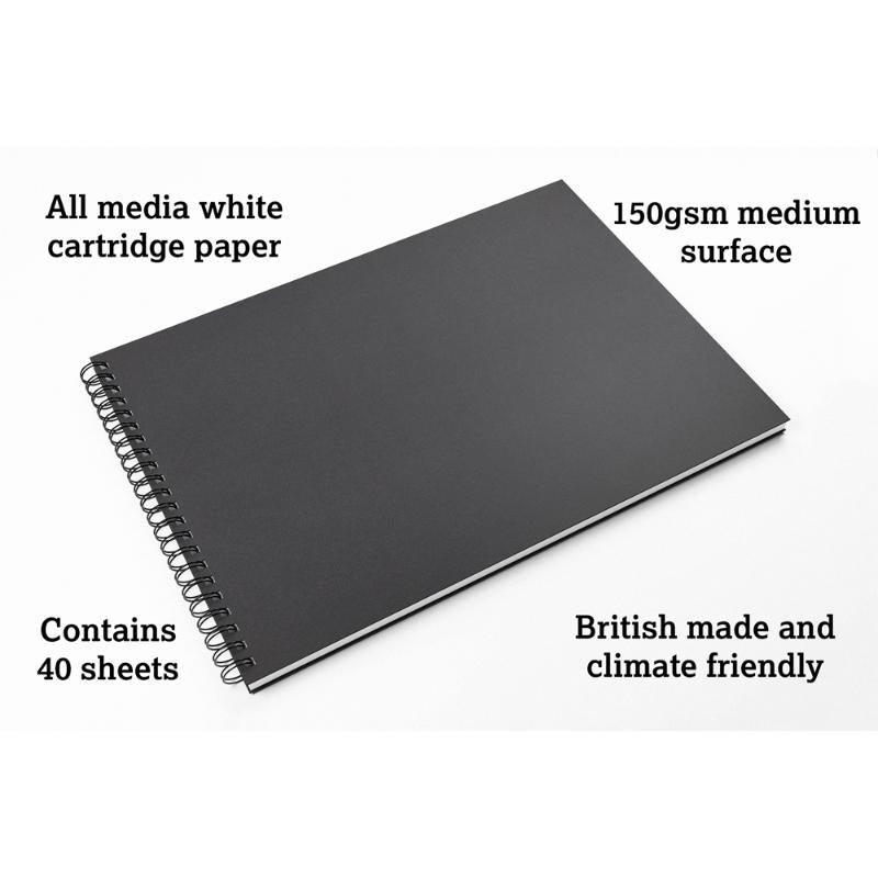 Artgecko Classy Sketchbook A3 Landscape features 40 sheets of 150gsm white paper, ideal for various artistic media and durable design.