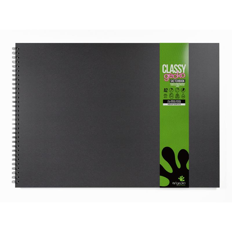 Artgecko Classy Sketchbook A2 in landscape format, 80 pages of 150gsm acid-free white paper with durable hardback covers.