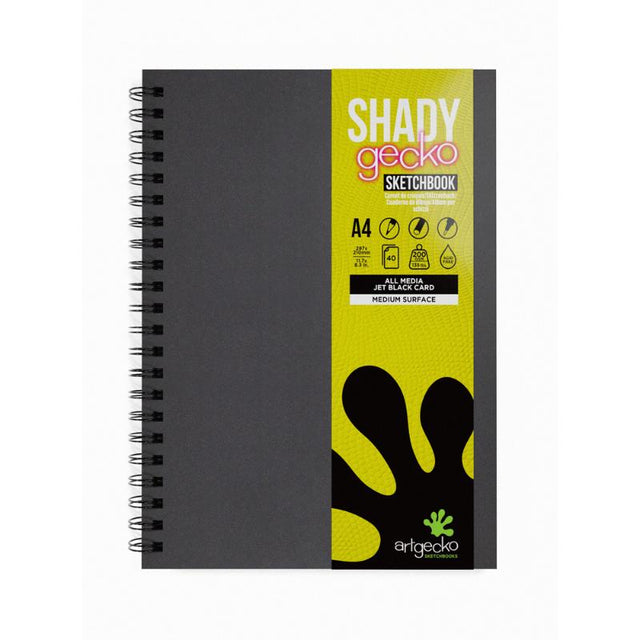 Artgecko Shady Sketchbook A4 with 80 pages of 200gsm black toned card, perfect for various artistic mediums and styles.