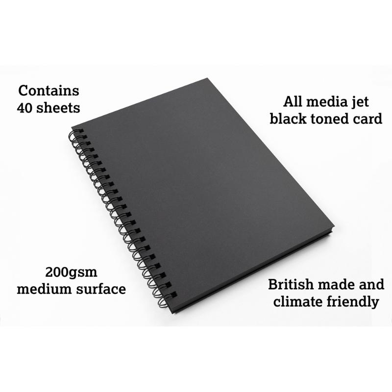 Artgecko Shady Sketchbook A4 features 80 pages of 200gsm black card, perfect for all artistic mediums with durable hardback covers.