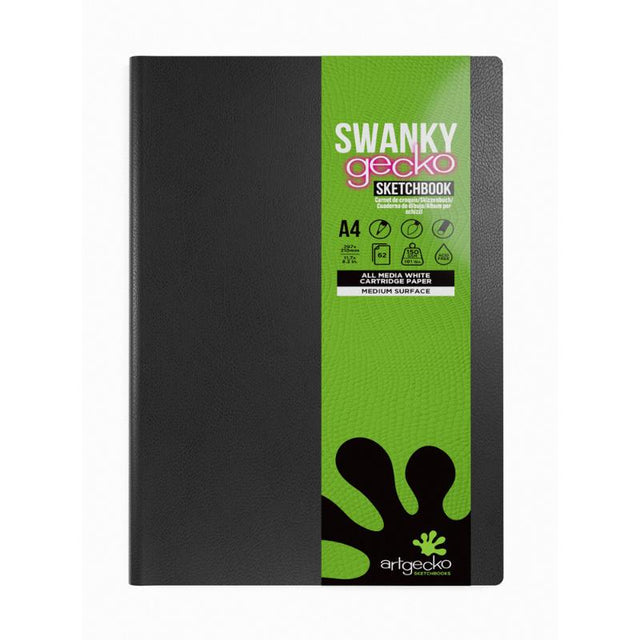 Artgecko Swanky Sketch Journal A4 with 124 pages of premium 150gsm white paper, perfect for various artistic media.