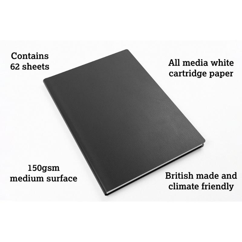 A4 Swanky Sketch Journal with 124 pages of 150gsm acid-free paper, featuring a soft cover and rounded corners for easy use.