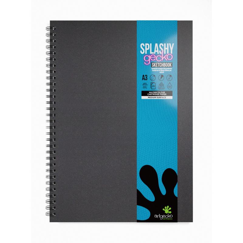 Artgecko Splashy Sketchbook A3 with 40 pages of 300gsm white paper, featuring twin wire binding and durable soft touch covers.