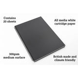 Artgecko Splashy Sketchbook A3 features 20 sheets of 300gsm acid-free paper, designed for various artistic mediums and durability.