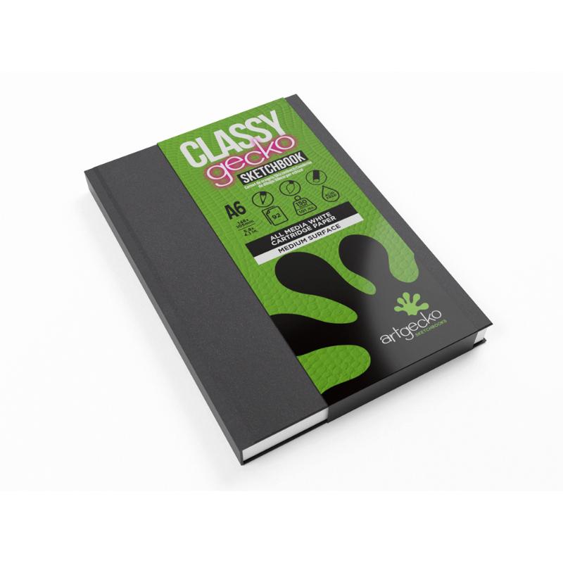 Artgecko Classy A6 sketchbook with 92 pages of 150gsm white paper, featuring a durable black casebound cover.