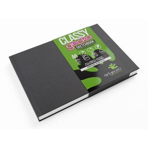 Artgecko Classy A6 landscape sketchbook with 92 acid-free pages, durable black cover, ideal for all artistic media.