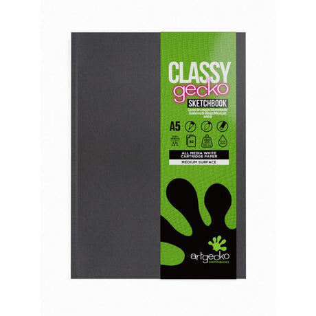 Artgecko Classy Sketchbook A5 with durable black cover, 92 pages of 150gsm acid-free white paper for all media use.