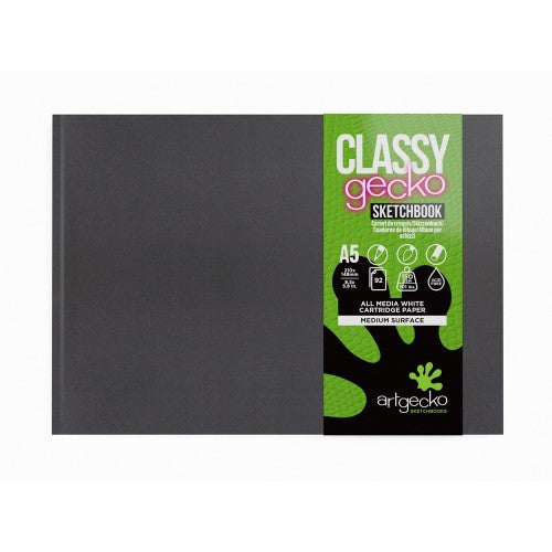 Artgecko Classy Sketchbook A5 landscape, 92 pages of 150gsm acid-free paper with durable black cover, ideal for all media.