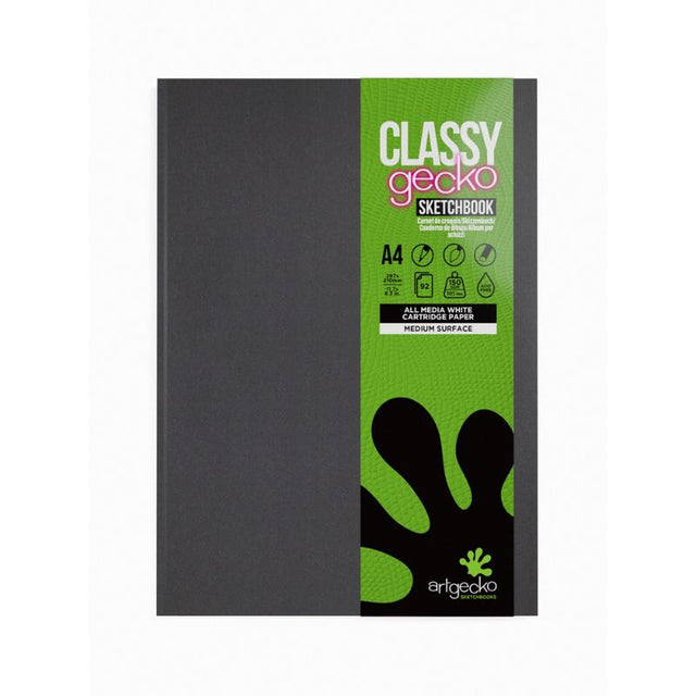 Artgecko Classy A4 Sketchbook with 92 pages of 150gsm acid-free paper in a durable black cover for versatile artistic expression.